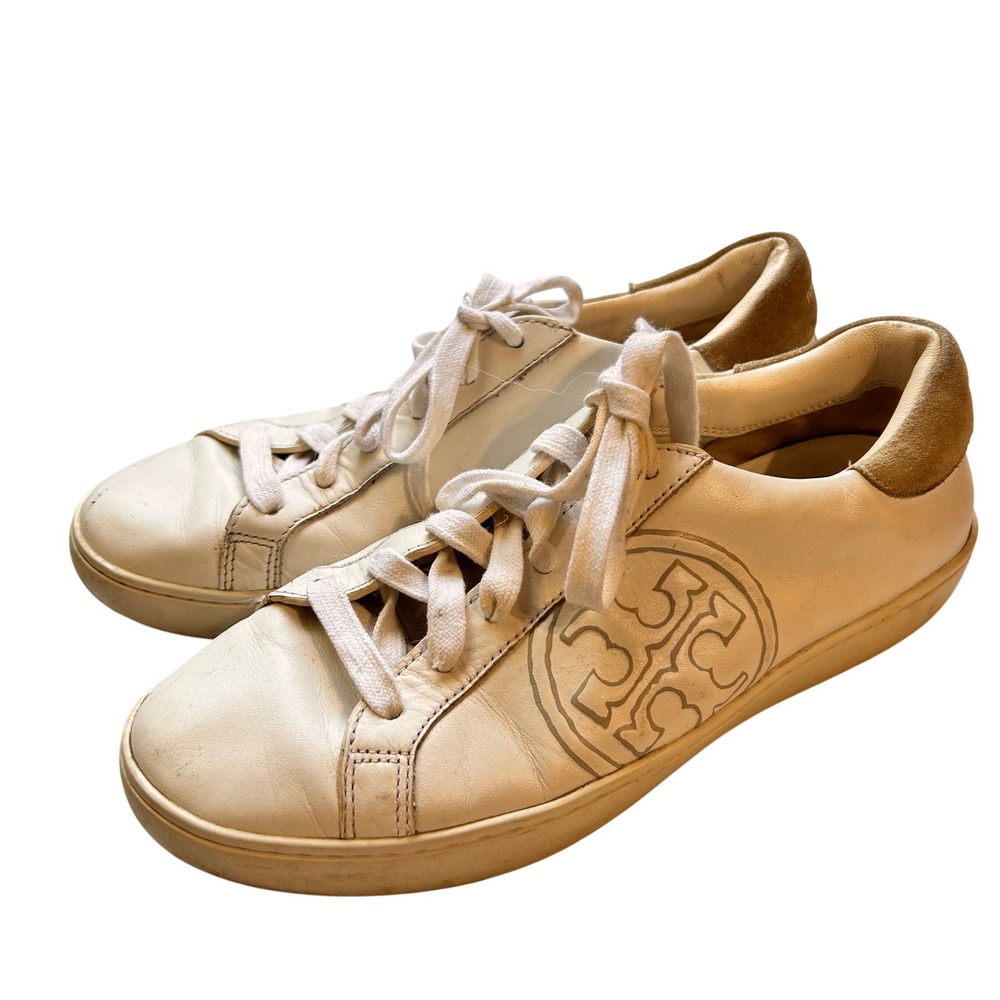 Tory Burch Howell Court Sneakers‎ Size 8 White Leather Double T Logo